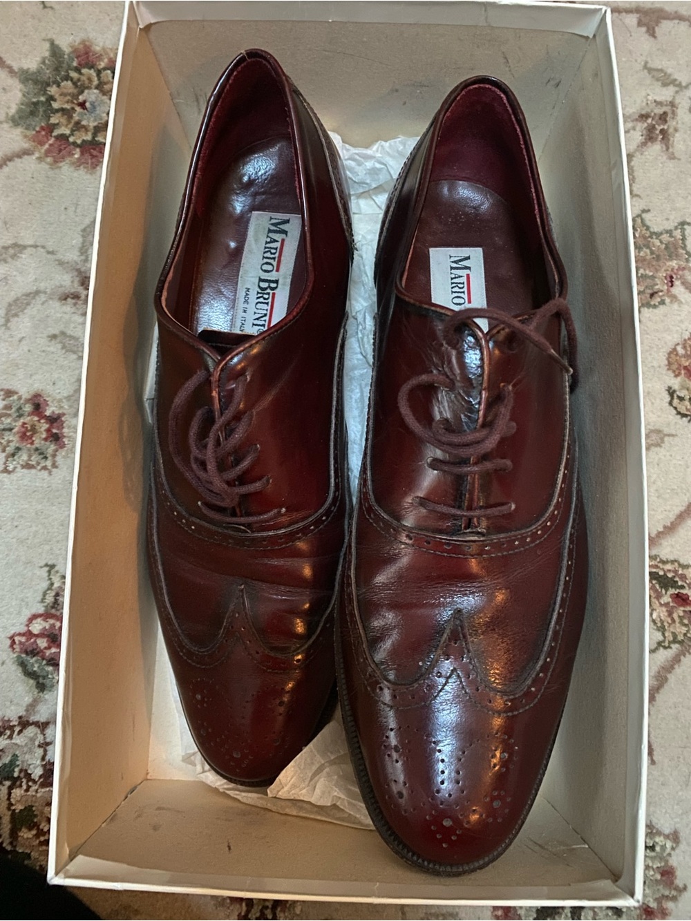 Vintage Italian Leather Mario Bruni Burgundy Wingtip Oxfords in Original Box